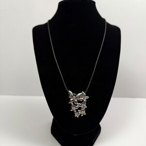 Pendant Necklace Butterfly Flower Silver Tone Adjustable Cord Jewelry 10.5 in L